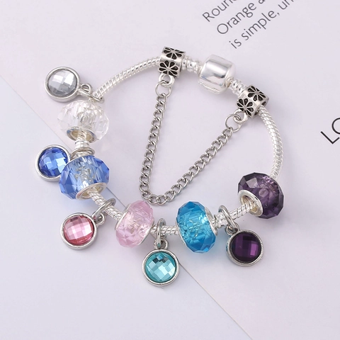 DIY Charm Bracelet 925 Silver Plated Copper Snake Chain Multicolor Artificial Crystal Beads Enamel Pendant Bracelet For Women Jewelry