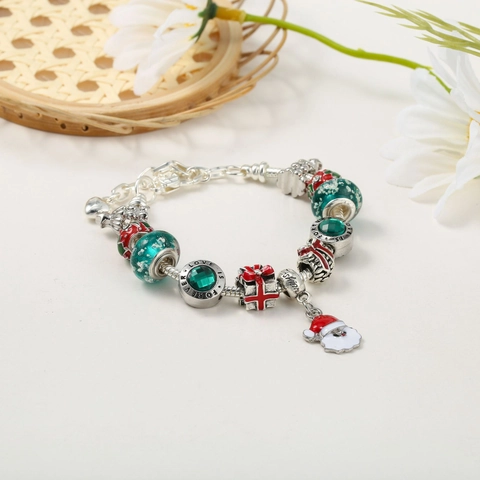 Bracciale Con Ciondoli Natalizi in Lega Placcata Argento Smalto Babbo Natale Albero Fiocco di Neve Gioielli DIY per Donna Regalo