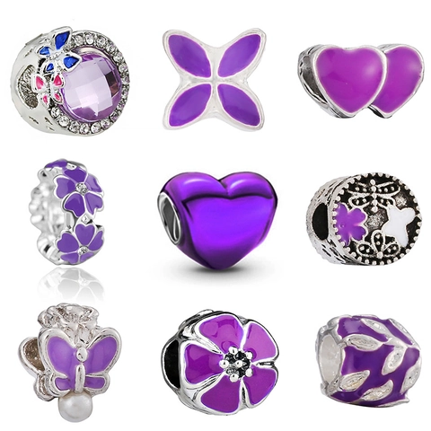 Purple Enamel Alloy Charm Beads Heart Flower Butterfly Rose Pendants For Bracelet Necklace Making Women Fashion Jewelry