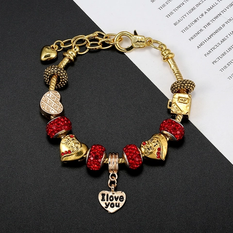 Women Gold Plated Copper Alloy Charm Bracelet With Heart Suitcase Pendant I Love You DIY Beaded Rhinestone Jewelry Gift