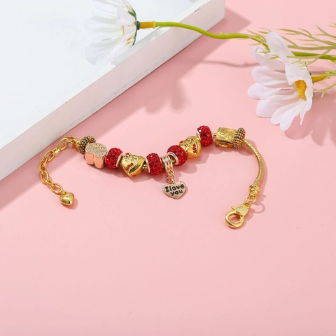 Women Gold Plated Copper Alloy Charm Bracelet With Heart Suitcase Pendant I Love You DIY Beaded Rhinestone Jewelry Gift