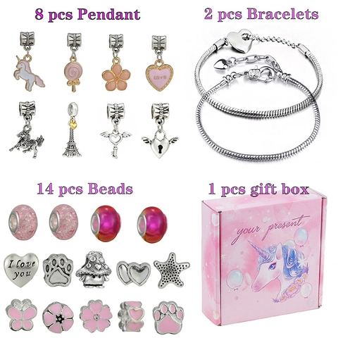 DIY Bedelarmband Maken Kit Voor Meisjes Kinderen Eenhoorn Regenboog Sieraden Set Legering Hangers Glazen Kralen Slangenketting Met Cadeaudoos