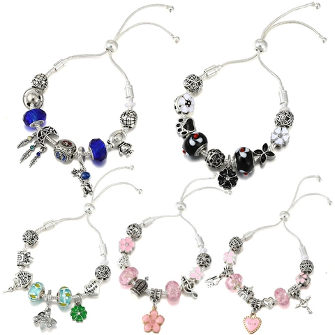 Europäischer Stil Versilbertes DIY Charm Armband Glasperlen Herz Blume Schmetterling Verstellbares Schlangenkette Armband Schmuck