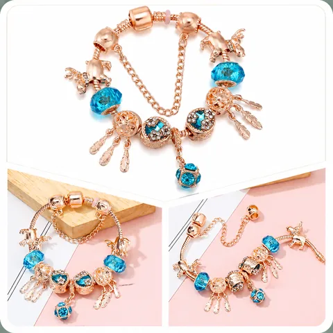 Rose Gold Charm Bracelet Blue Rhinestone Beads Dreamcatcher Pendant Unicorn Heart Snake Chain Jewelry For Women Gift