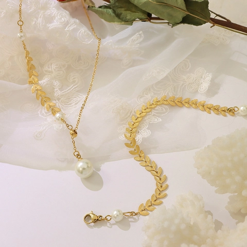 Elegant Titanium Steel 18K Gold Plated Leaf Necklace And Bracelet With Artificial Pearls French Vintage Women Jewelry