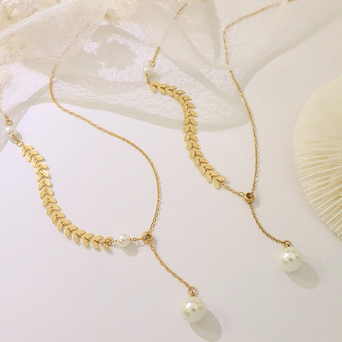 Elegant Titanium Steel 18K Gold Plated Leaf Necklace And Bracelet With Artificial Pearls French Vintage Women Jewelry