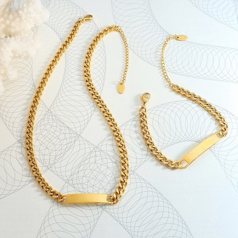 Stainless Steel Jewelry Set For Women Hip Hop Curb Chain Necklace And Bracelet With Geometric Long Bar ID Plate Gold Plated