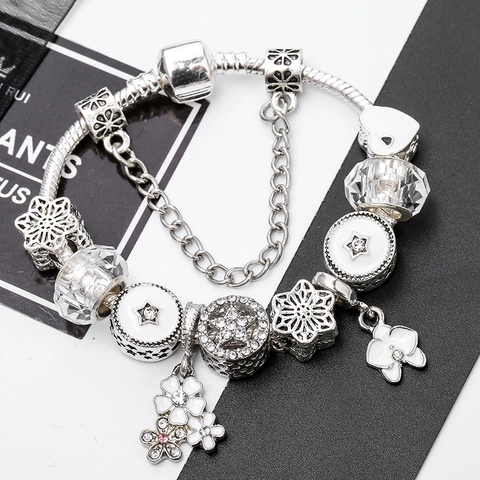 Pulsera de Dijes DIY Europea para Mujer Aleación Esmalte Flor de Cerezo Corazón Estrella Copo de Nieve Strass Cadena de Serpiente Joyería Regalo