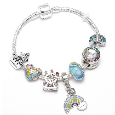 Pulsera con Colgantes DIY para Mujeres Niñas Colgante Arcoíris Corazón Noria Cobre Plateado Diamante de Imitación Joyería Regalo
