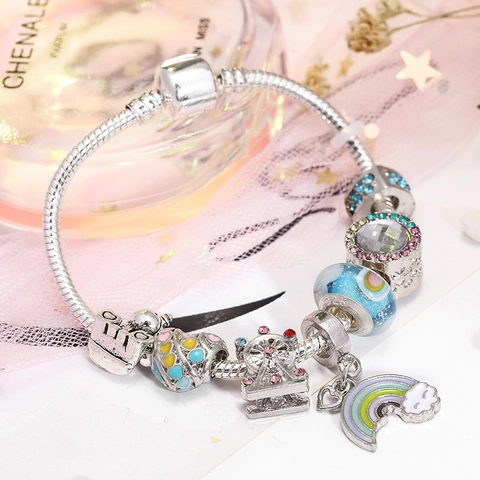Pulsera con Colgantes DIY para Mujeres Niñas Colgante Arcoíris Corazón Noria Cobre Plateado Diamante de Imitación Joyería Regalo