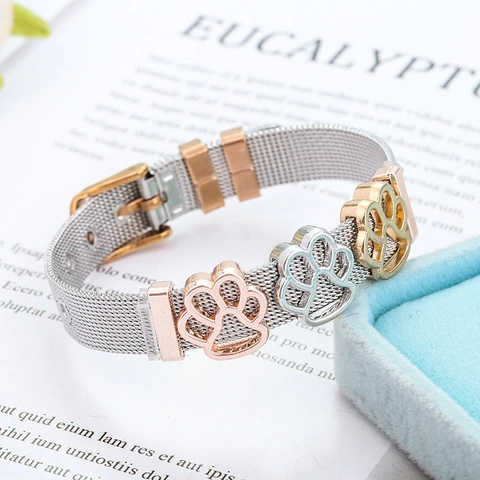 10mm Stainless Steel Mesh Band Bracelet For Women Men Hollow Pet Paw Print Pendants Adjustable Milanese Strap Hand Cuff Jewelry