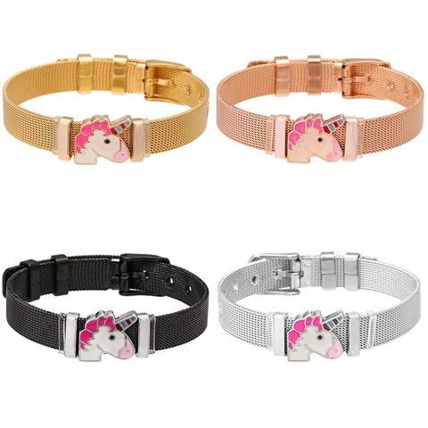 Mode Edelstahl Mesh Armband Süße Emaille Einhorn Anhänger Verstellbare Milanaise Mesh Band Schmuck Für Damen Teenager Kinder