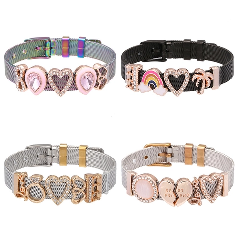 Stainless Steel Mesh Bracelet For Women Alloy Heart Rainbow Charm Sliding Beads Jewelry Watch Band Style Adjustable Bracelet