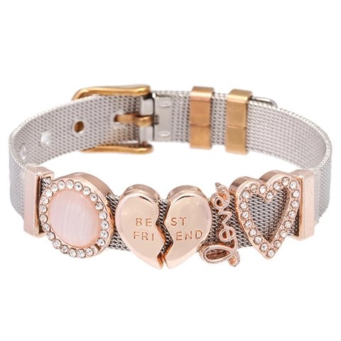 Stainless Steel Mesh Bracelet For Women Alloy Heart Rainbow Charm Sliding Beads Jewelry Watch Band Style Adjustable Bracelet