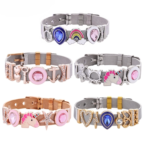 Women Stainless Steel Mesh Bracelet With DIY Alloy Charms Unicorn Rainbow Eiffel Tower Rhinestone Adjustable Jewelry Gift