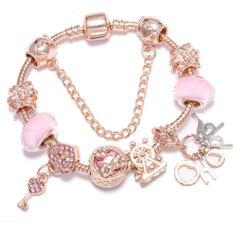 Fashion Alloy Charm Bracelet For Women Ferris Wheel Heart Key Pendant DIY Snake Chain Jewelry Birthday Gift