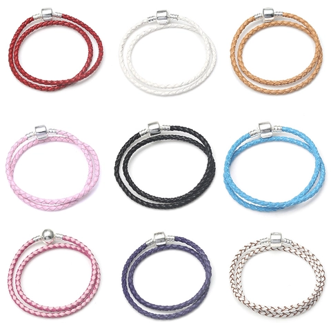 Minimalist Double Wrap Braided Genuine Leather Bracelet For Women Men Fashion Jewelry Alloy Barrel Clasp DIY Charm Base Chain Gift