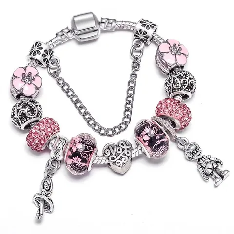 DIY Charm Armband Für Damen Versilbert Legierung Rosa Blumen Emaille Glasperlen Strass Herz Ballerina Anhänger Schlangenkette Schmuck Geschenk