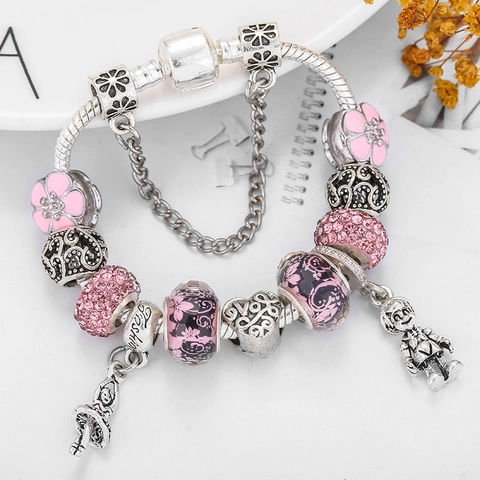 DIY Charm Armband Für Damen Versilbert Legierung Rosa Blumen Emaille Glasperlen Strass Herz Ballerina Anhänger Schlangenkette Schmuck Geschenk