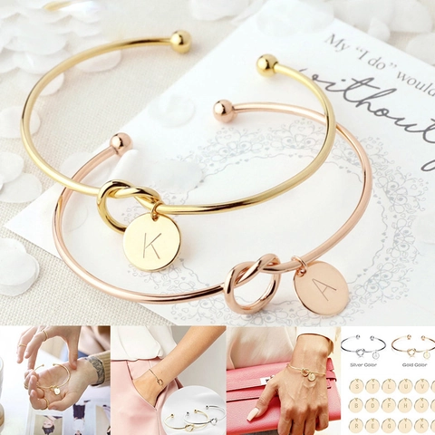Minimalist Alloy Knotted Open Cuff Bracelet With Round Initial Letter Charm Personalized Gold Silver Rose Gold Fashion Jewelry For Women