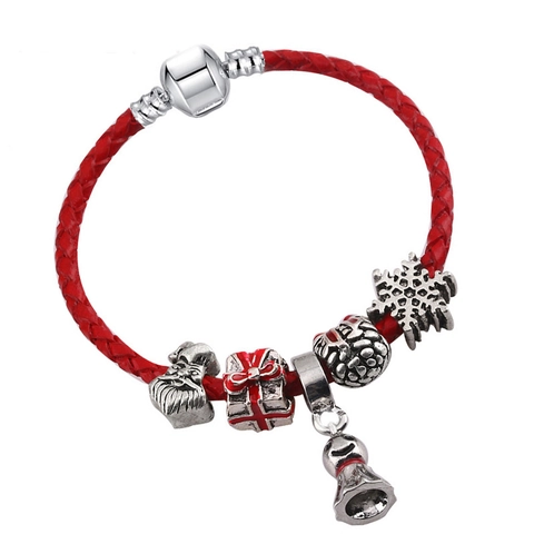 Christmas Red Braided Leather Cord Bracelet For Women Alloy Enamel Santa Claus Snowflake Charms Holiday Jewelry Gift