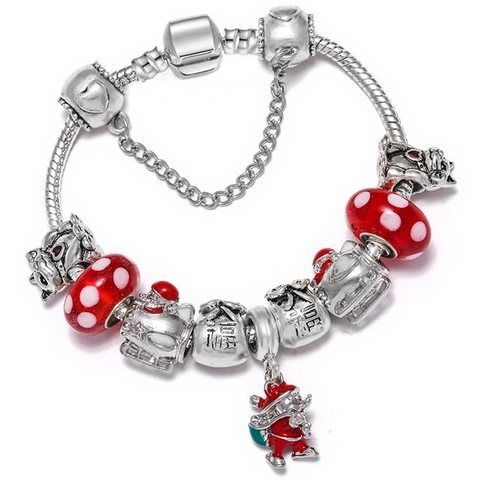 Silver Plated DIY Charm Bracelet For Women Christmas Theme Santa Claus Snowman Snake Chain Red Glass Beaded Bracelet Gift