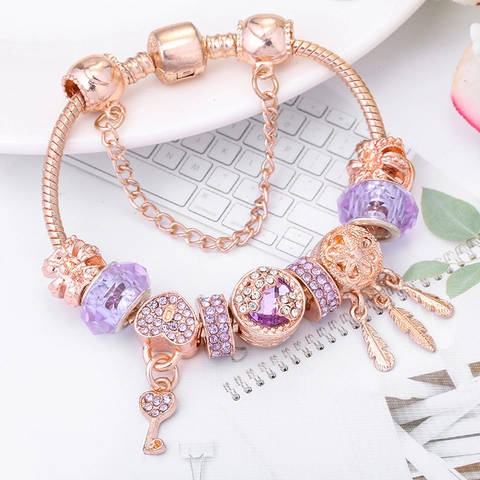 Pulsera de Cuentas Atrapasueños Oro Rosa Cuentas Vidrio Moradas Dijes Corazón Llave Pluma Pulsera Cadena Serpente Joyería Mujer