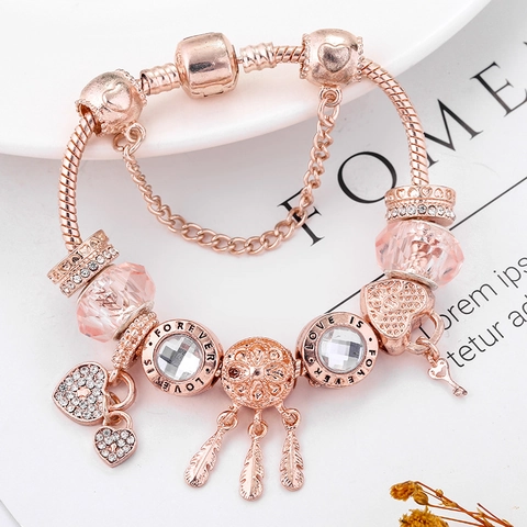 Roségoud Dromenvanger Bedelarmband Hart Sleutel Veer Hanger Slangenbot Ketting Voor Vrouwen Boho Romantisch Mode Sieraden Cadeau
