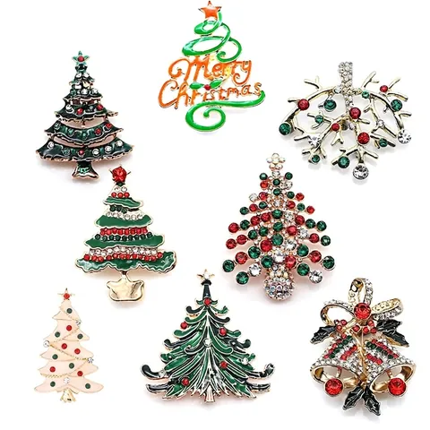 Vintage Alloy Christmas Brooch Pin For Women Green Enamel Christmas Tree Santa Reindeer Rhinestone Festive Brooch Jewelry