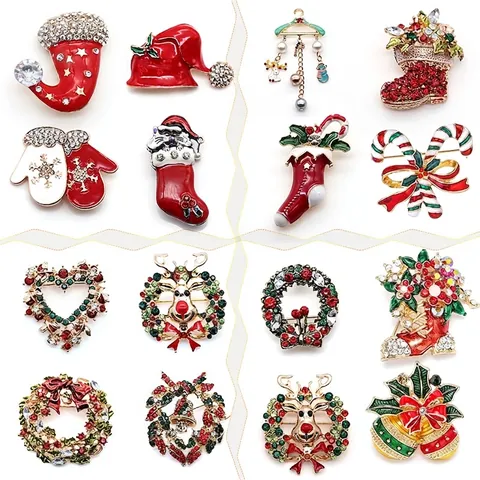 Broche Bonnet de Père Noël en Alliage Émail Strass Renne Flocon de Neige pour Fête de Noël Accessoire Bijou