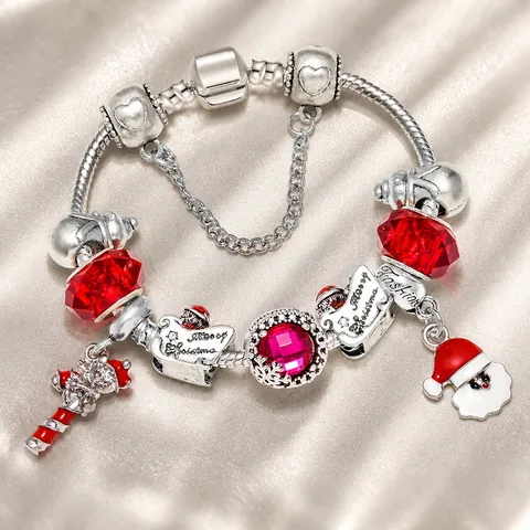 Silver Plated DIY Charm Bracelet For Women Christmas Theme Santa Claus Snowman Snake Chain Red Glass Beaded Bracelet Gift