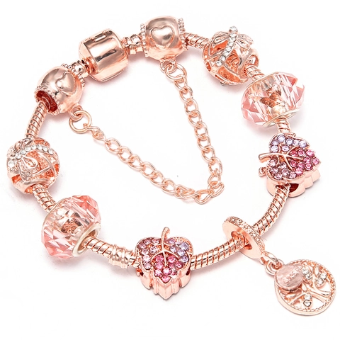 Bracciale Charm Romantico Placcato Oro Rosa Donna Cuore Albero Della Vita Fiore Foglia Perle Di Cristallo Rosa Gioielli