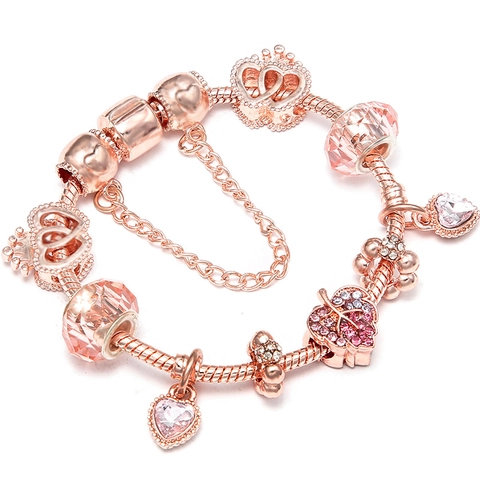Bracciale Charm Romantico Placcato Oro Rosa Donna Cuore Albero Della Vita Fiore Foglia Perle Di Cristallo Rosa Gioielli