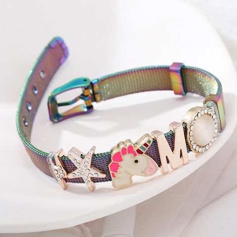 Bracciale alla Moda in Maglia di Acciaio Inossidabile con Ciondoli per Uomo Donna Regolabile Cuore Unicorno MOM Stella Gioielli Regalo
