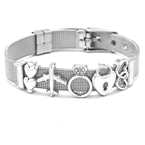 Fashion Stainless Steel Mesh Band Charm Bracelet For Women Men DIY Heart Lock Airplane Infinity Rhinestone Watch Strap Jewelry Gift