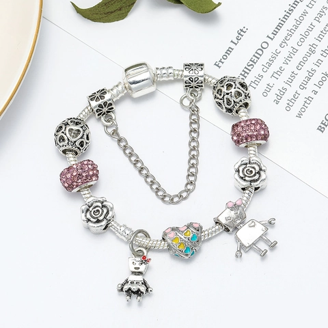 Bracelet Charm DIY pour Femmes Chaîne Serpent Argentée Strass Rose Émail Cœur Rose Robot Pendentifs Bijoux de Mode