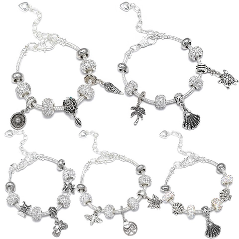 Silver Plated DIY Charm Bracelet Snake Chain Heart Marine Theme Rhinestone Shell Turtle Jewelry Gift For Women Girls