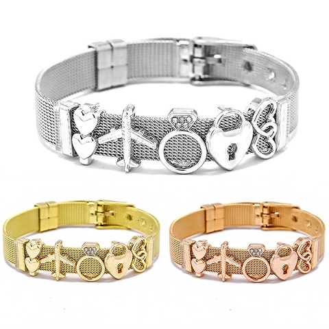 Fashion Stainless Steel Mesh Band Charm Bracelet For Women Men DIY Heart Lock Airplane Infinity Rhinestone Watch Strap Jewelry Gift