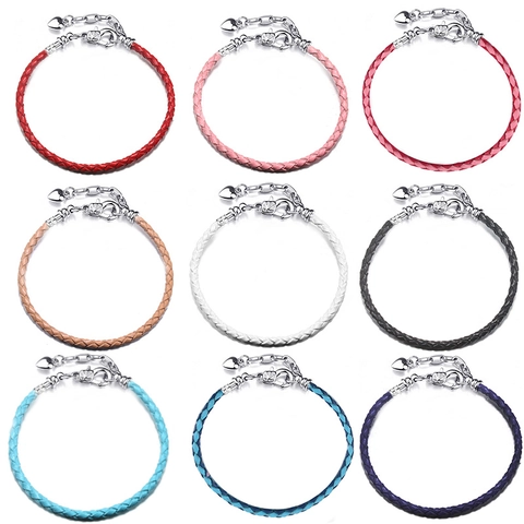 Fashion Braided Leather Bracelet For Women Silver Plated Copper Lobster Clasp Heart Pendant Adjustable Charm DIY Jewelry