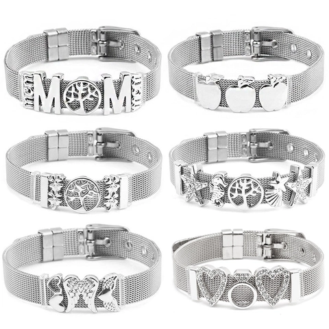 Bracciale a Rete in Acciaio al Titanio alla Moda Charms Albero della Vita MOM Cuore Mela Regolabile Gioielli in Metallo con Strass