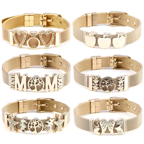 Women's Stainless Steel Mesh Belt Bracelet Adjustable Watchband Style Tree Of Life MOM Heart Wing Charm Bracelet Jewelry