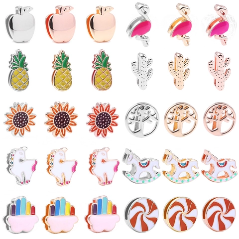 DIY Alloy Enamel Rhinestone Slider Charms For 10mm Mesh Bracelet Sunflower Unicorn Apple Cactus Rose Gold Silver Color Jewelry Accessories