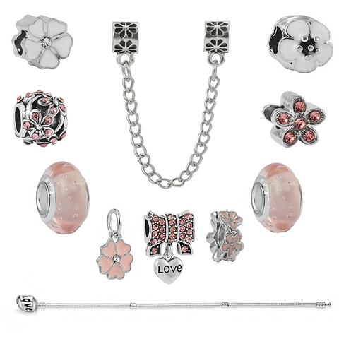 DIY Pink Charm Beads Set For Bracelet Making Flower Heart Love Glass Beads Rhinestone Alloy Jewelry Accessories For Women Girls Gift