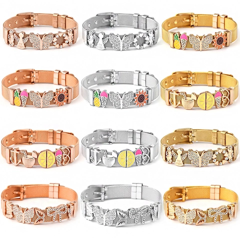 Fashion Stainless Steel Mesh Band Charm Bracelet For Women Rhinestone Butterfly Heart Sunflower Adjustable Milanese Jewelry