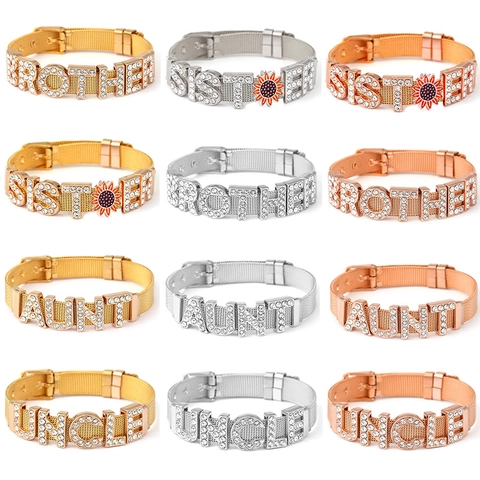 Stainless Steel Mesh Bracelet Personalized Rhinestone Letter Charms Sister Brother Uncle Aunt Adjustable Fashion Jewelry Bracelet