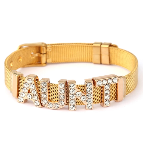 Stainless Steel Mesh Bracelet Personalized Rhinestone Letter Charms Sister Brother Uncle Aunt Adjustable Fashion Jewelry Bracelet