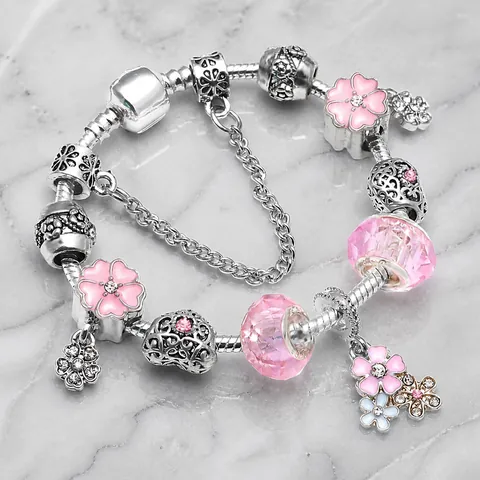 Sweet Alloy Silver Plated Beaded Bracelet For Women Romantic Enamel Floral Heart Charm Snake Chain Bracelet With Rhinestone