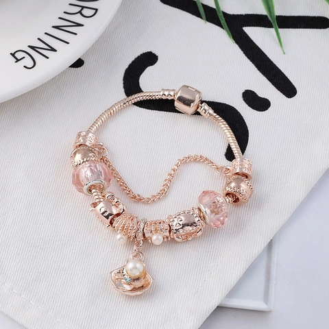 Strandstijl Roségoud Charm Armband Roze Kristal Strass Kunstparel Zeeschelp Hanger DIY Sieraden Voor Dames