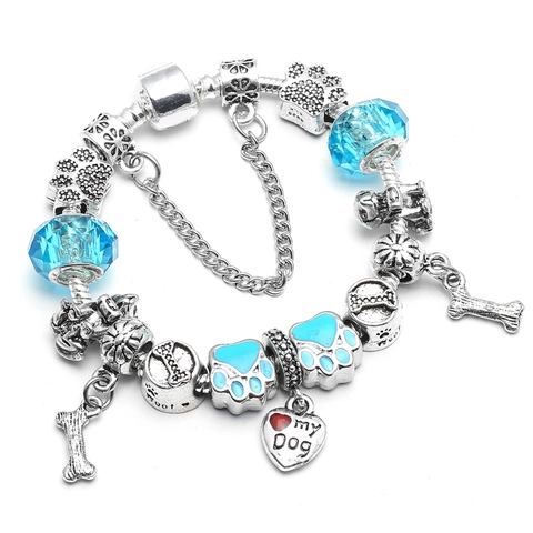 Dames Hemelsblauw Kralen Charm Armband Legering Verzilverd Huisdier Hond Thema Hart Poot Bot Hanger DIY Sieraden Cadeau