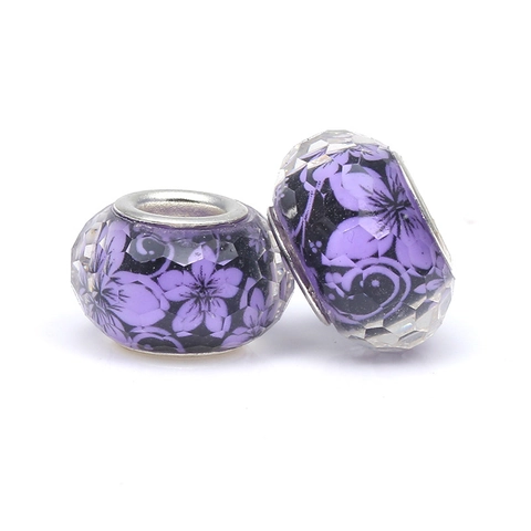 Faceted Glass Flower Beads Large Hole Silver Plated Core For DIY Charm Bracelet Necklace Jewelry Making Women Floral Glass Charms